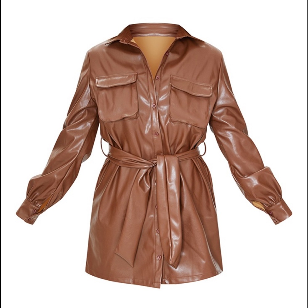 WORN ONCE PRETTYLITTLETHING BROWN LEATHER TRENCH DRESS